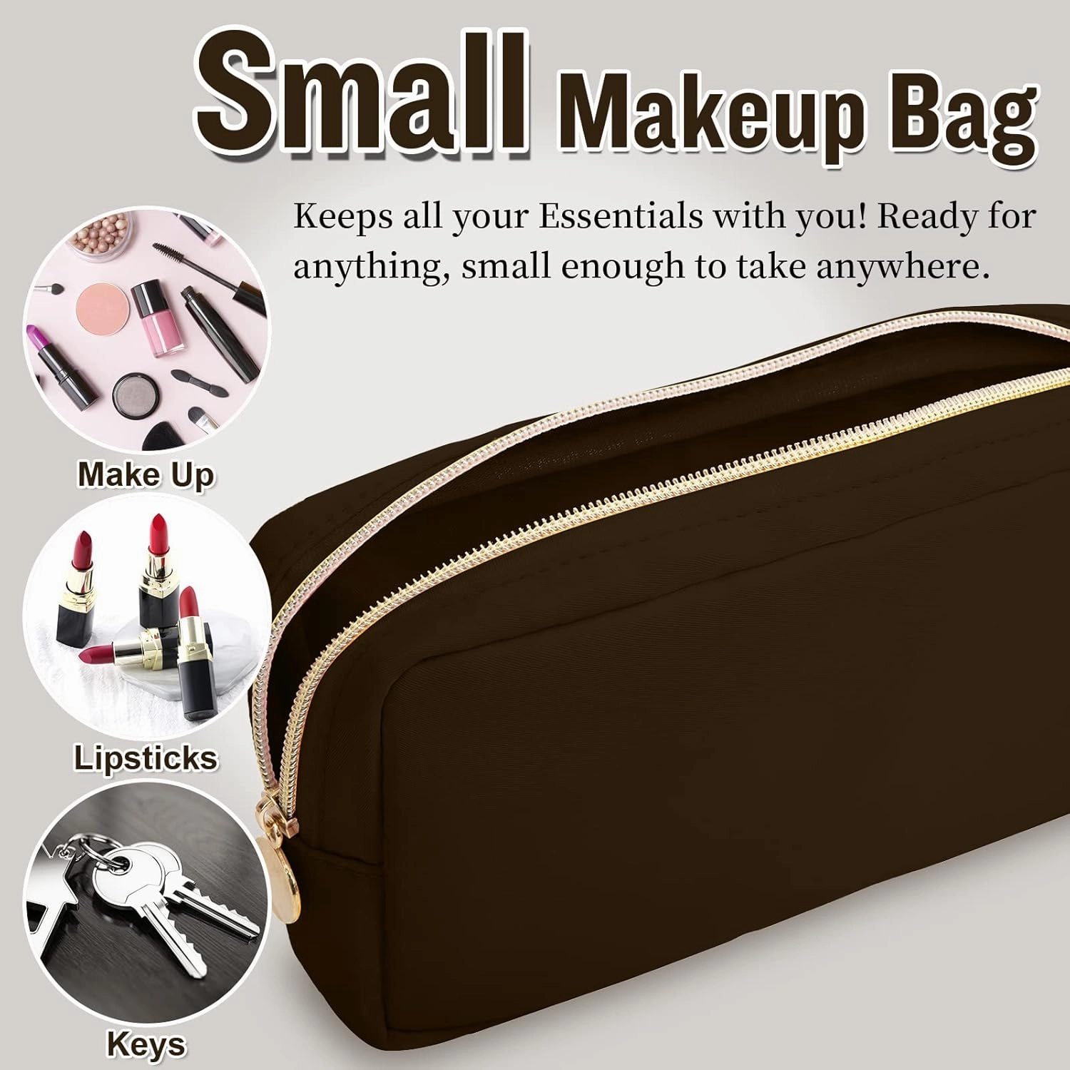 Nylon Small Makeup Bag for Purse, Cute Preppy Makeup Bag Cosmetic Zipper Pouch Purse, Waterproof Portable Travel Toiletry Bag Clutch Make Up Brush Bag Organizer Storage for Women Men Girls(Brown)