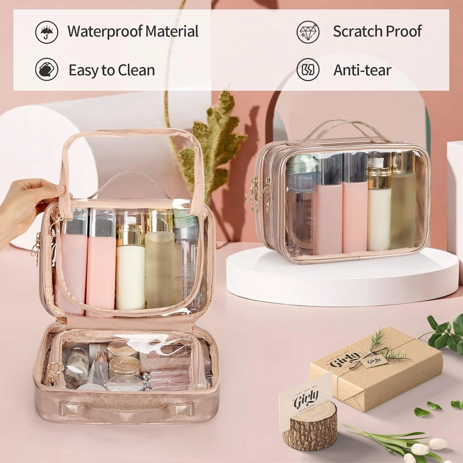 OCHEAL Makeup Bag, Double Layer Cosmetic Bag, Large Capacity New Look Clear Cosmetic Case for Women Travel Beauty Essentials, Multiple Compartments Makeup Case Organizer Zipper Pouch -Rose Glod