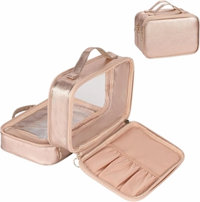 OCHEAL Makeup Bag, Double Layer Cosmetic Bag, Large Capacity New Look Clear Cosmetic Case for Women Travel Beauty Essentials, Multiple Compartments Makeup Case Organizer Zipper Pouch -Rose Glod