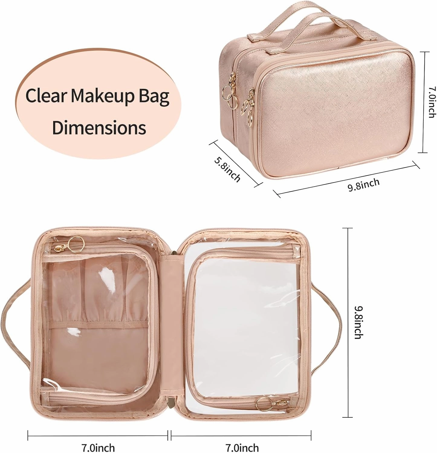 OCHEAL Makeup Bag, Double Layer Cosmetic Bag, Large Capacity New Look Clear Cosmetic Case for Women Travel Beauty Essentials, Multiple Compartments Makeup Case Organizer Zipper Pouch -Rose Glod