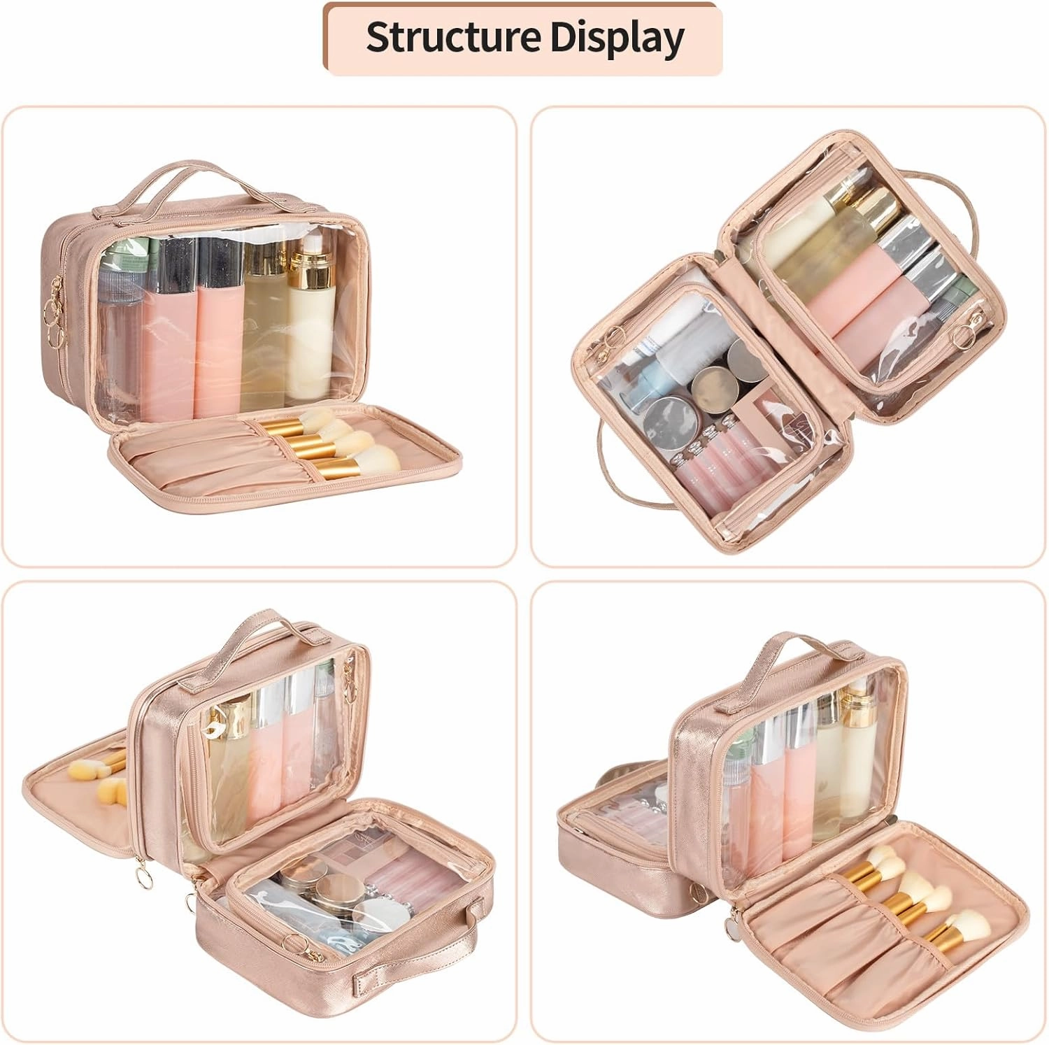 OCHEAL Makeup Bag, Double Layer Cosmetic Bag, Large Capacity New Look Clear Cosmetic Case for Women Travel Beauty Essentials, Multiple Compartments Makeup Case Organizer Zipper Pouch -Rose Glod