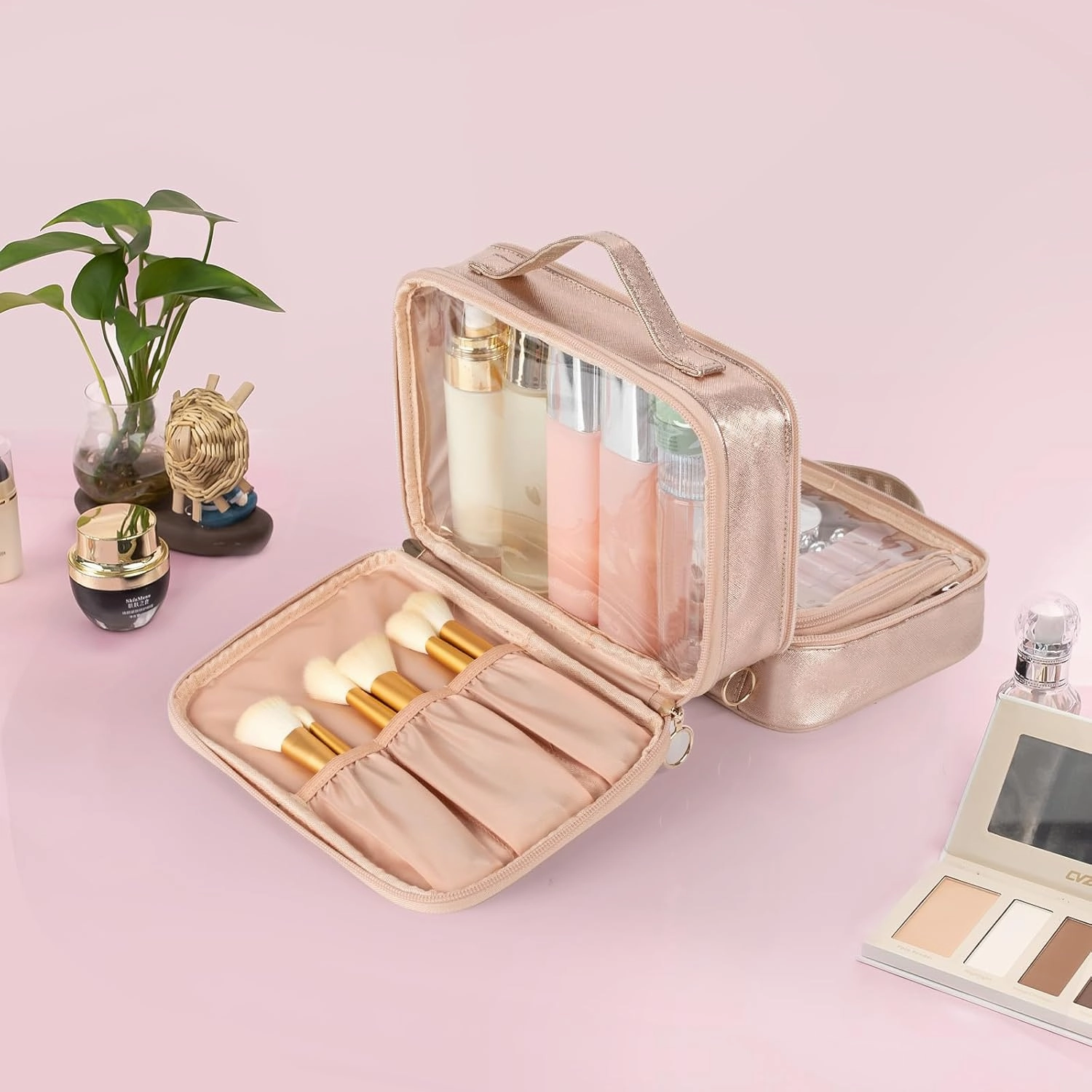 OCHEAL Makeup Bag, Double Layer Cosmetic Bag, Large Capacity New Look Clear Cosmetic Case for Women Travel Beauty Essentials, Multiple Compartments Makeup Case Organizer Zipper Pouch -Rose Glod