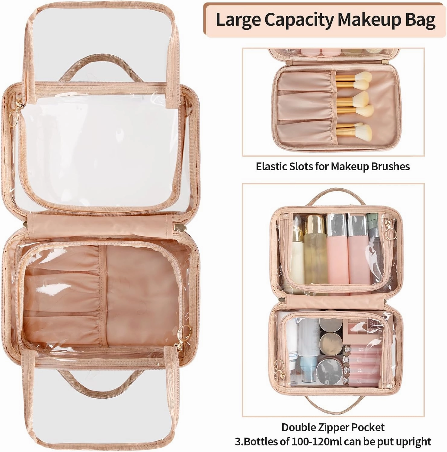 OCHEAL Makeup Bag, Double Layer Cosmetic Bag, Large Capacity New Look Clear Cosmetic Case for Women Travel Beauty Essentials, Multiple Compartments Makeup Case Organizer Zipper Pouch -Rose Glod