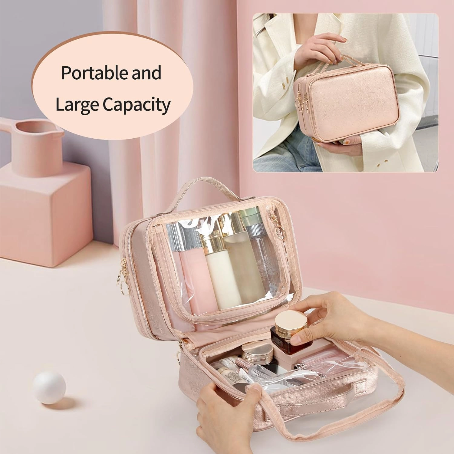 OCHEAL Makeup Bag, Double Layer Cosmetic Bag, Large Capacity New Look Clear Cosmetic Case for Women Travel Beauty Essentials, Multiple Compartments Makeup Case Organizer Zipper Pouch -Rose Glod