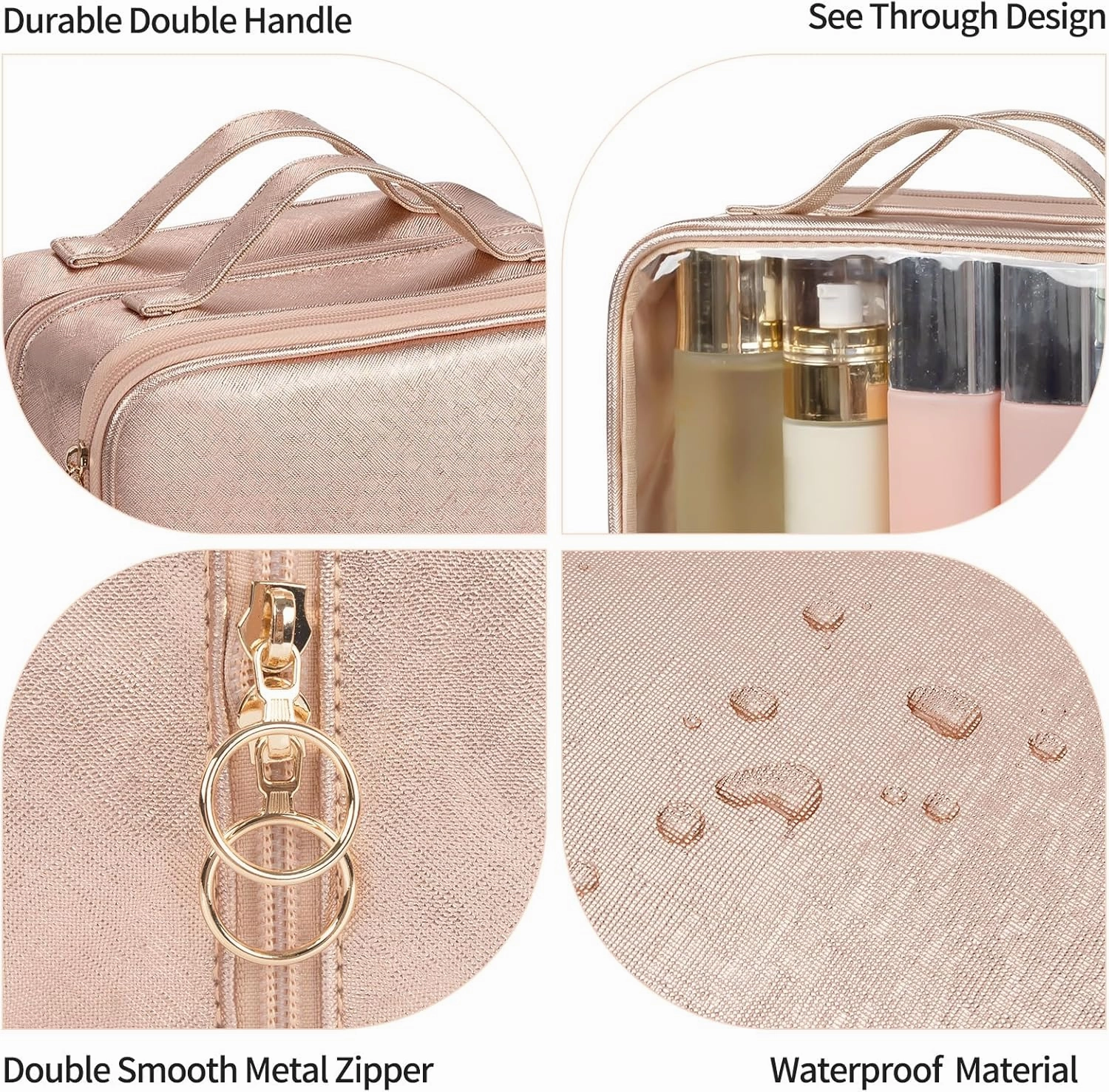 OCHEAL Makeup Bag, Double Layer Cosmetic Bag, Large Capacity New Look Clear Cosmetic Case for Women Travel Beauty Essentials, Multiple Compartments Makeup Case Organizer Zipper Pouch -Rose Glod