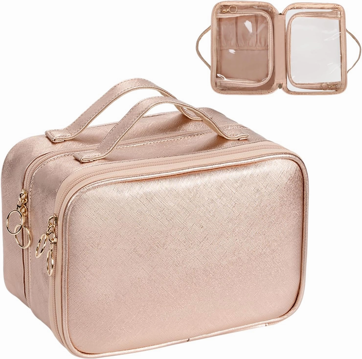 OCHEAL Makeup Bag, Double Layer Cosmetic Bag, Large Capacity New Look Clear Cosmetic Case for Women Travel Beauty Essentials, Multiple Compartments Makeup Case Organizer Zipper Pouch -Rose Glod