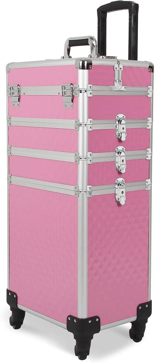 Ochine 4 in 1 Makeup Case Aluminum Cosmetic Case Rolling Train Case Professional Makeup Train Case Large Capacity Trolley Makeup Travel Case Beauty Storage with Folding Trays and Large Compartments