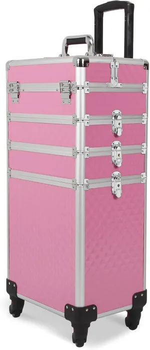 Ochine 4 in 1 Makeup Case Aluminum Cosmetic Case Rolling Train Case Professional Makeup Train Case Large Capacity Trolley Makeup Travel Case Beauty Storage with Folding Trays and Large Compartments