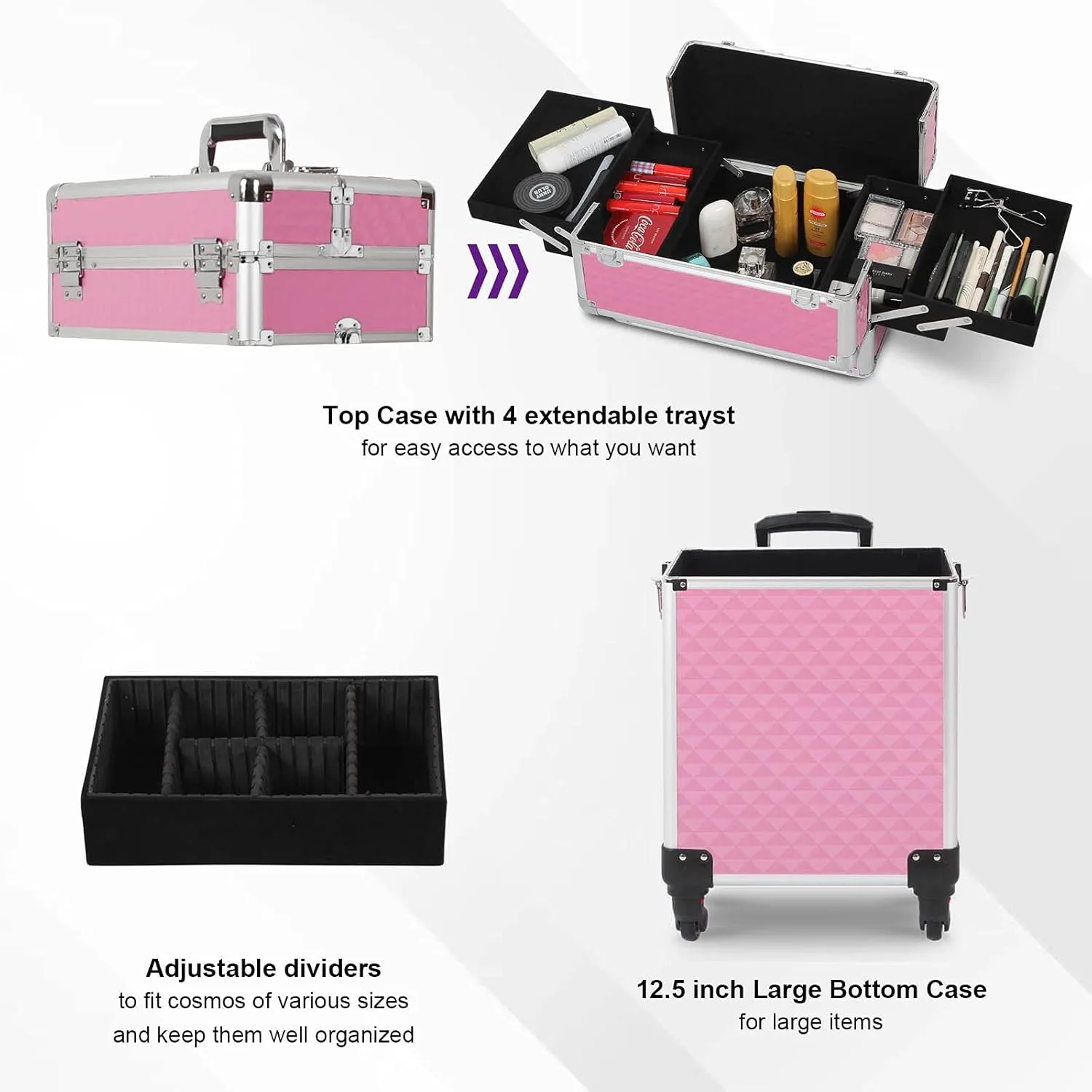 Ochine 4 in 1 Makeup Case Aluminum Cosmetic Case Rolling Train Case Professional Makeup Train Case Large Capacity Trolley Makeup Travel Case Beauty Storage with Folding Trays and Large Compartments