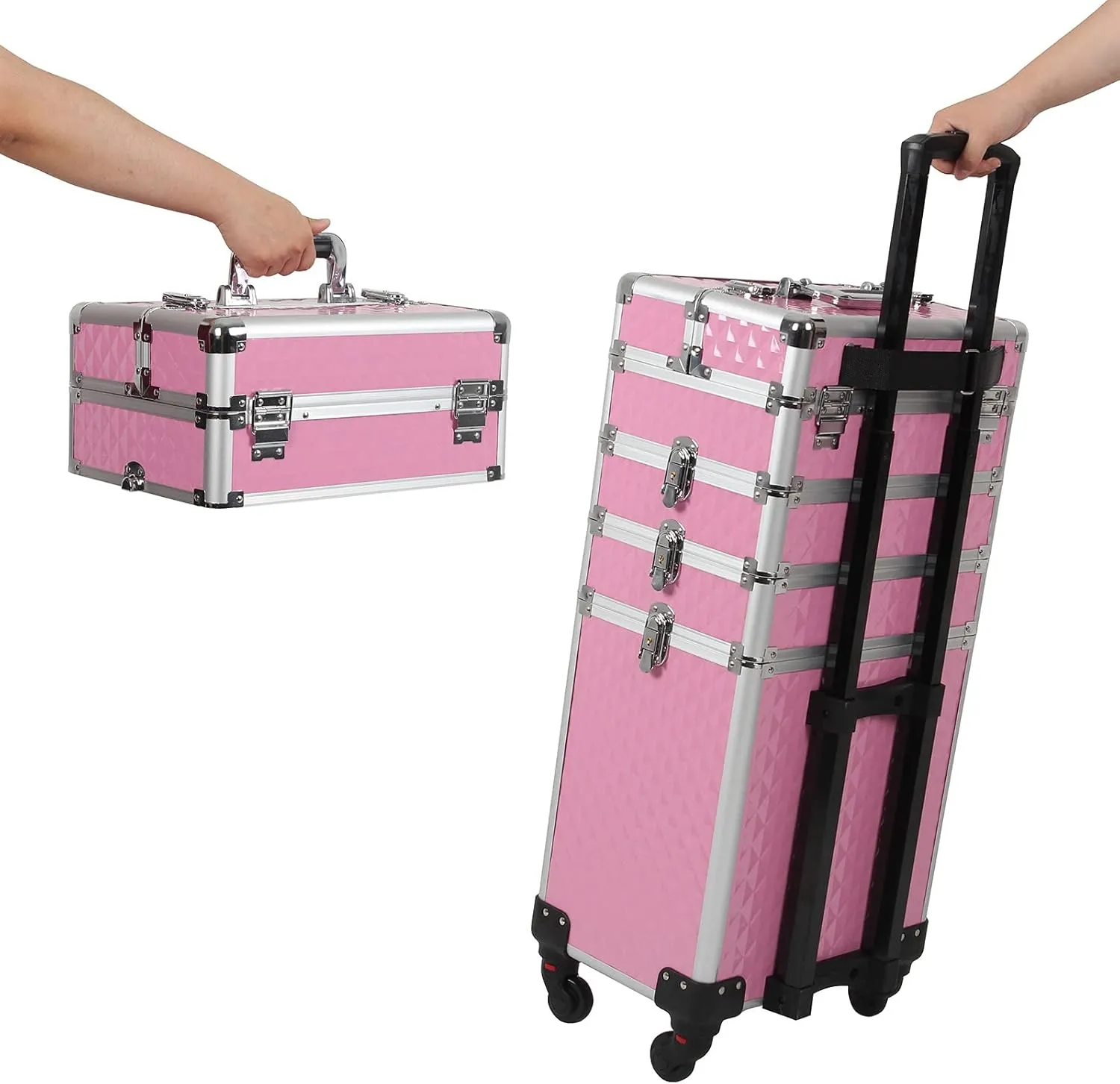 Ochine 4 in 1 Makeup Case Aluminum Cosmetic Case Rolling Train Case Professional Makeup Train Case Large Capacity Trolley Makeup Travel Case Beauty Storage with Folding Trays and Large Compartments