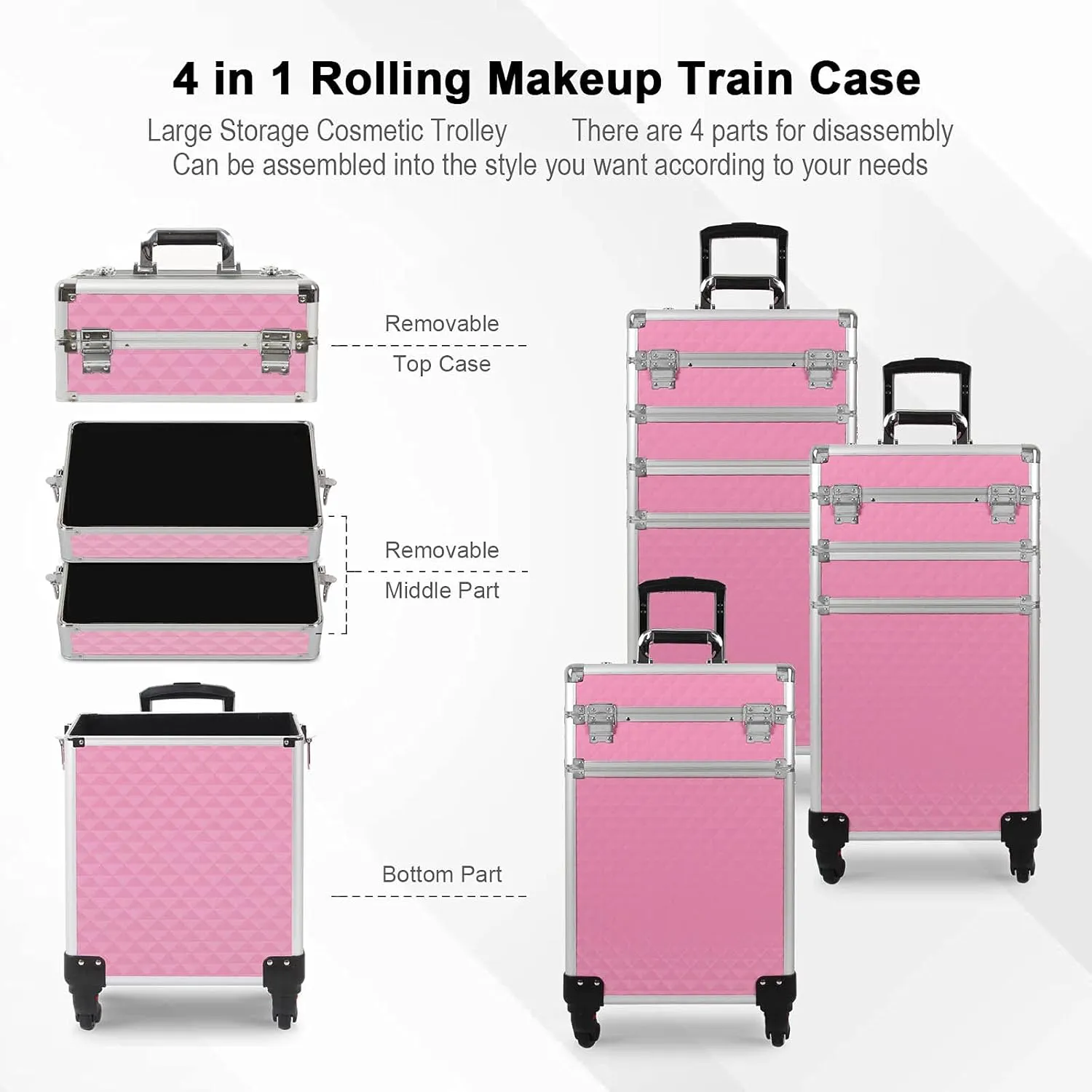 Ochine 4 in 1 Makeup Case Aluminum Cosmetic Case Rolling Train Case Professional Makeup Train Case Large Capacity Trolley Makeup Travel Case Beauty Storage with Folding Trays and Large Compartments