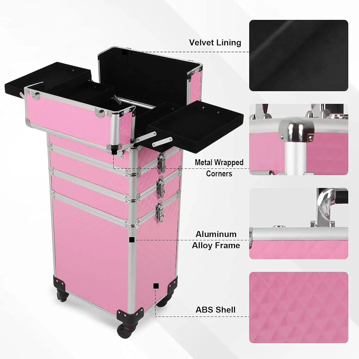 Ochine 4 in 1 Makeup Case Aluminum Cosmetic Case Rolling Train Case Professional Makeup Train Case Large Capacity Trolley Makeup Travel Case Beauty Storage with Folding Trays and Large Compartments