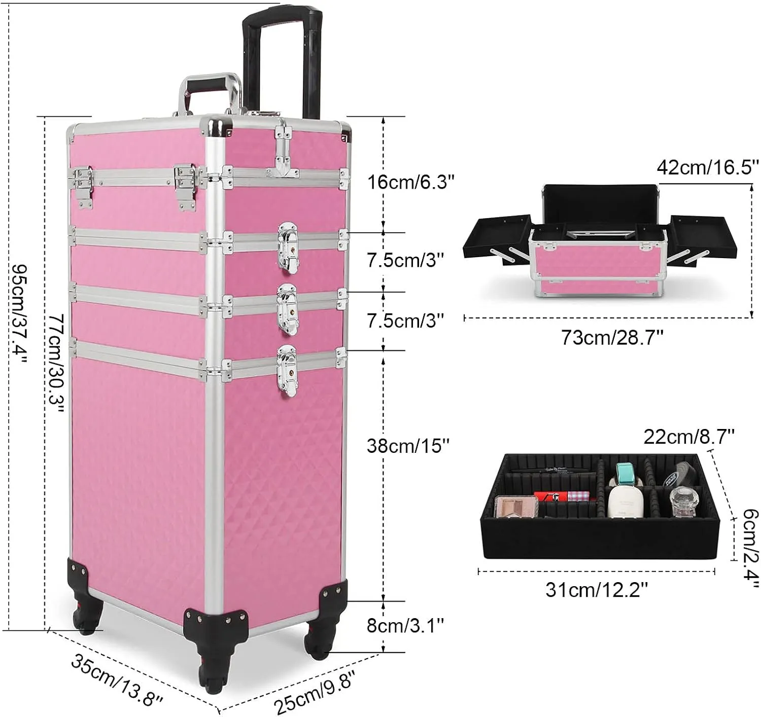 Ochine 4 in 1 Makeup Case Aluminum Cosmetic Case Rolling Train Case Professional Makeup Train Case Large Capacity Trolley Makeup Travel Case Beauty Storage with Folding Trays and Large Compartments