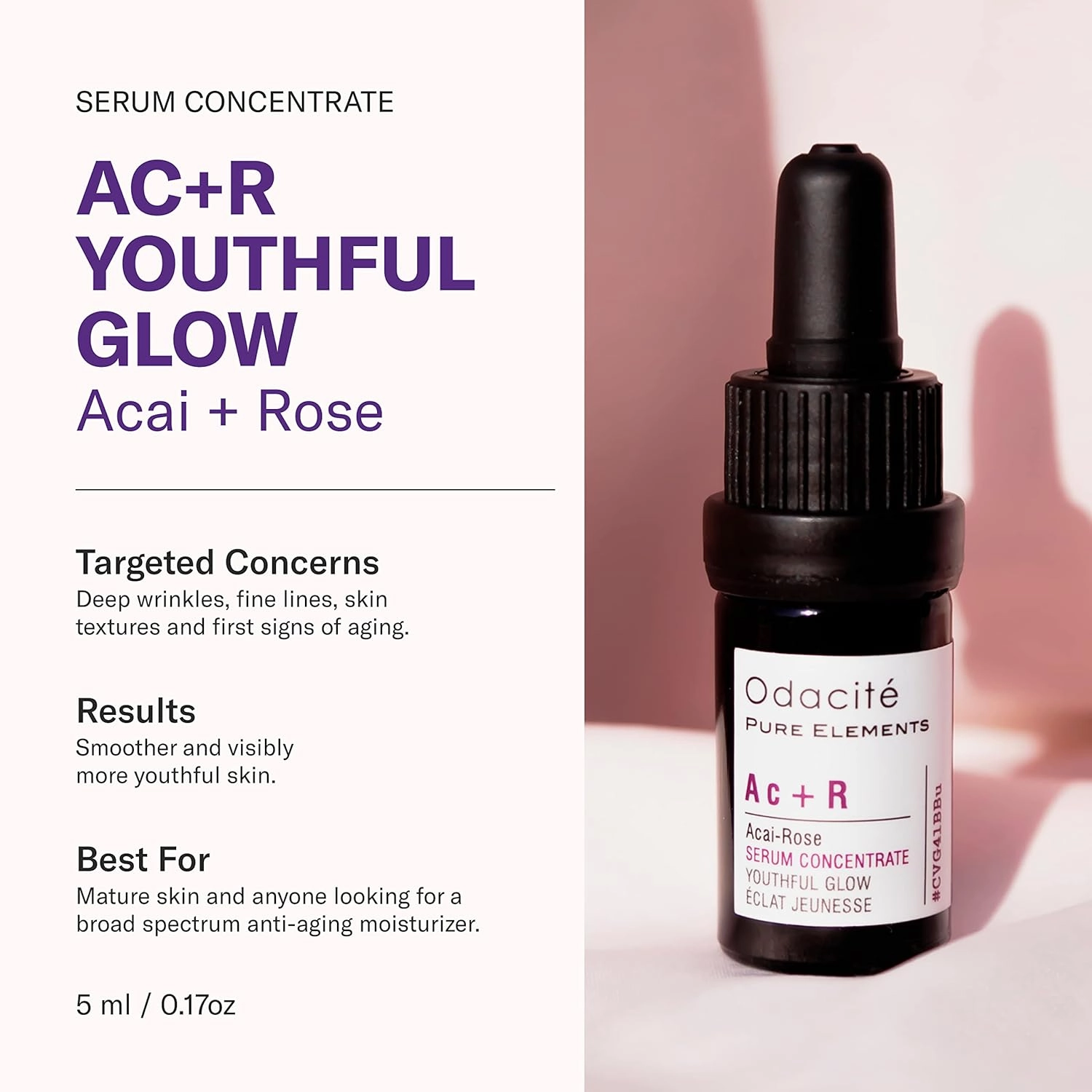 Odacité Anti Aging Serum Concentrate with Acai   Rose - Revitalizing Facial Oil, Youthful Glow, Improves Skin Tone, Wrinkles, and Firmness, Age defying, Rose Oil, 0.17 fl. oz.