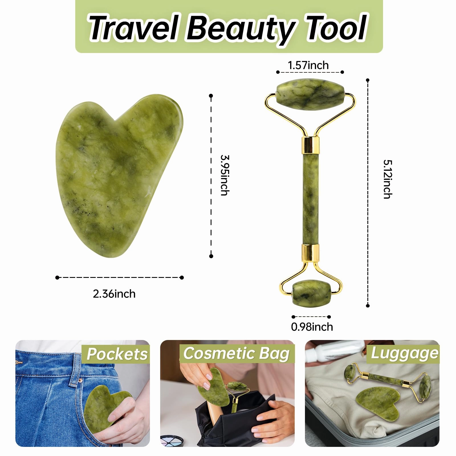 Olaemuo Jade Gua Sha and Face Roller, Real Jade Gua-Sha Stone Facial Tools Set for Reduce Puffiness, Body Guasha Tool for Relieve Neck Tension, Skincare Beauty Massager as Present for Women, Green