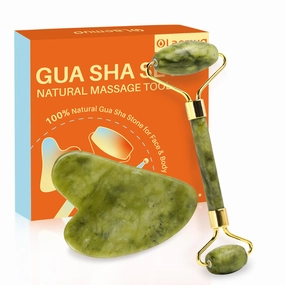 Olaemuo Jade Gua Sha and Face Roller, Real Jade Gua-Sha Stone Facial Tools Set for Reduce Puffiness, Body Guasha Tool for Relieve Neck Tension, Skincare Beauty Massager as Present for Women, Green