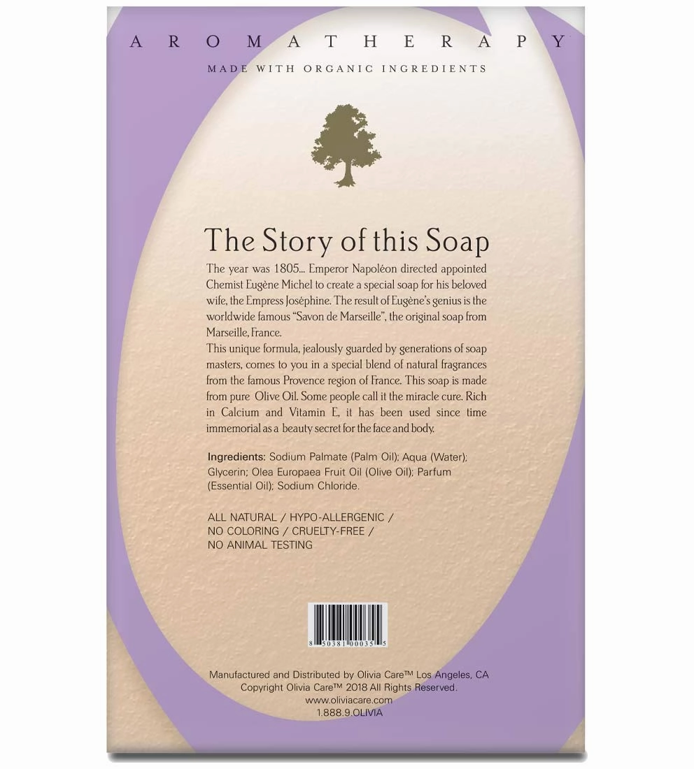 Olivia Care Lavender Bar Soap-4 pack box set - 100% Natural Ingredients, Organic, Vegan - For Face & Body, Cold-pressed Triple-Milled, Hydrating, Moisturizing, Infused Calcium & Vitamins - 4 X 5 oz
