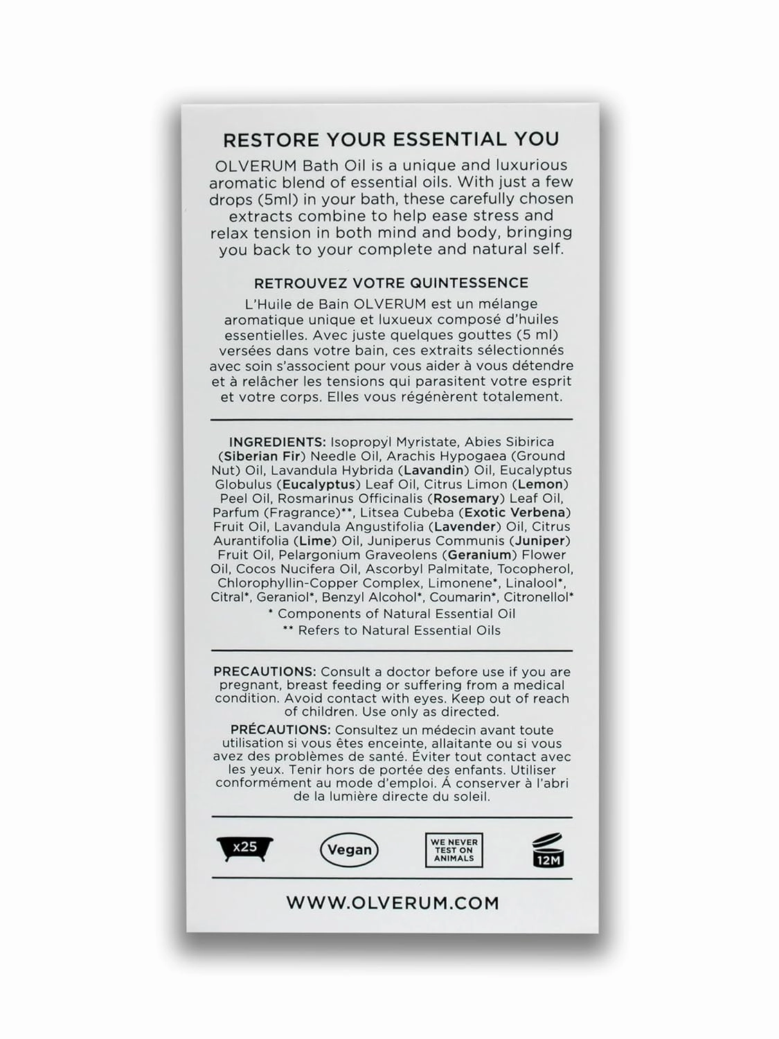 OLVERUM - Natural Bath Oil | Vegan, Cruelty-Free, Revitalizing Clean Beauty Bath Oil (4.25 fl oz | 125 ml)
