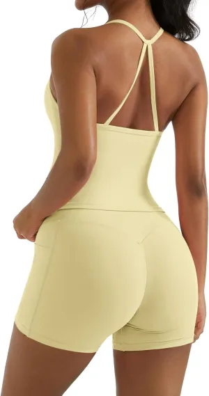 OMKAGI 2 Piece Workout Sets for Women Padded Sports Bra Tank Booty Gym Shorts with Pockets