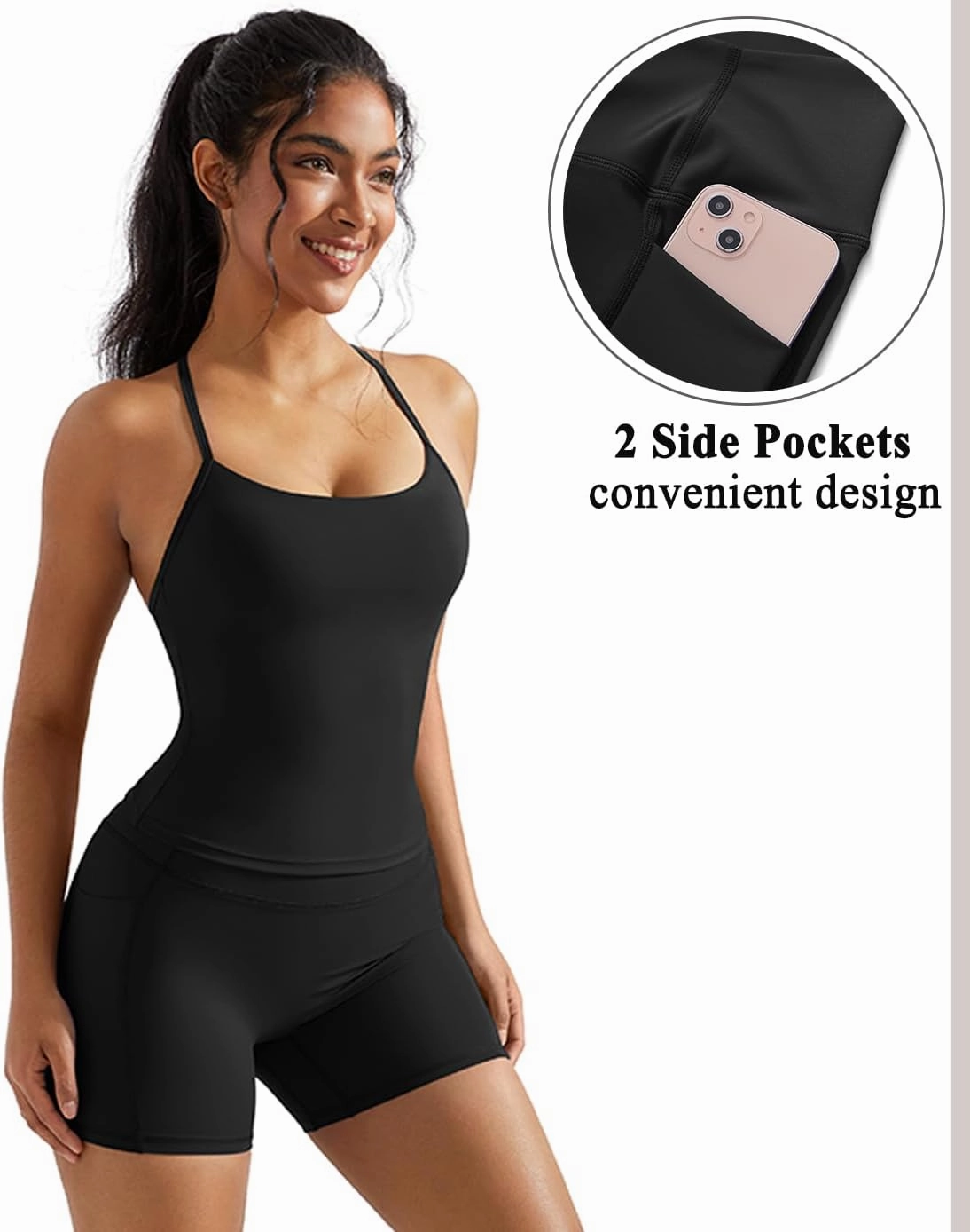 OMKAGI 2 Piece Workout Sets for Women Padded Sports Bra Tank Booty Gym Shorts with Pockets