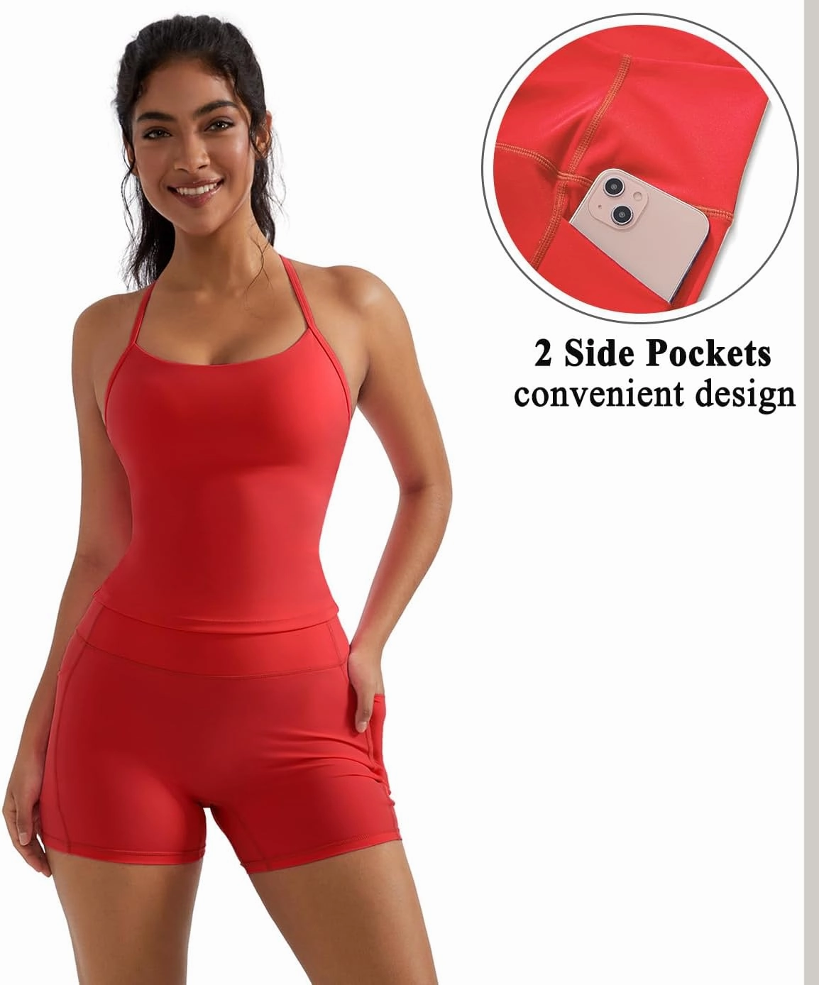 OMKAGI 2 Piece Workout Sets for Women Padded Sports Bra Tank Booty Gym Shorts with Pockets