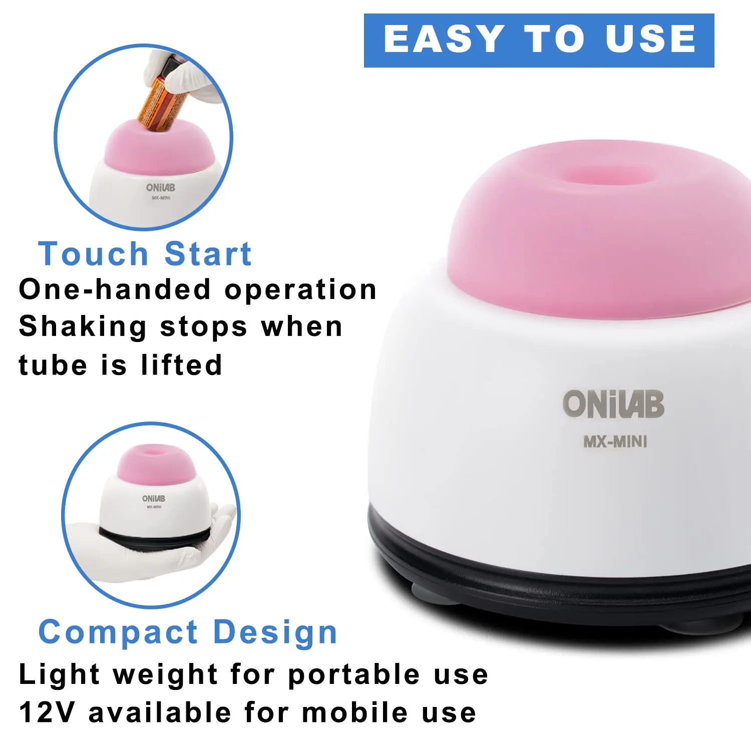 ONiLAB Mini Vortex Mixer with Touch Function, Lab Mixing, Nail Polish,Tattoo Ink,Eyelash Adhesives and Acrylic Paints Mixing, Lab Vortexer for Centrifuge Tubes and Test Tubes,Pink