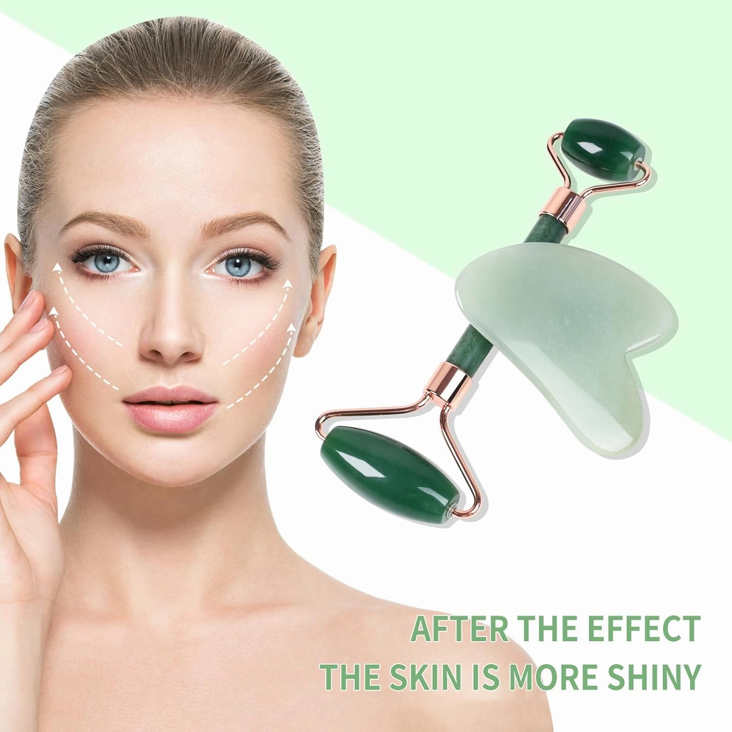 ONLYSKY BEAUTY Quartz Rose Jade Roller and Gua Sha Facial Set Kit for Face Skincare, Stone Sculpting Tool, Massager Roller for Skin Care,Gift for Men and Women (Green)