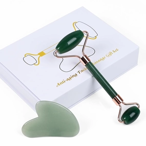 ONLYSKY BEAUTY Quartz Rose Jade Roller and Gua Sha Facial Set Kit for Face Skincare, Stone Sculpting Tool, Massager Roller for Skin Care,Gift for Men and Women (Green)