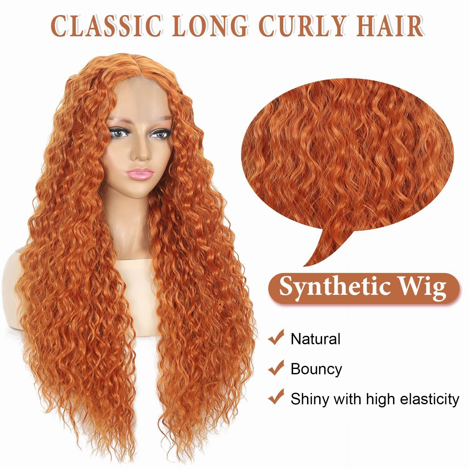 Orange Curly Wig for Women 26 Inch Long Curly Wigs Synthetic Ginger Orange Middle Part Curly Wigs for Women Daily Party Cosplay Use