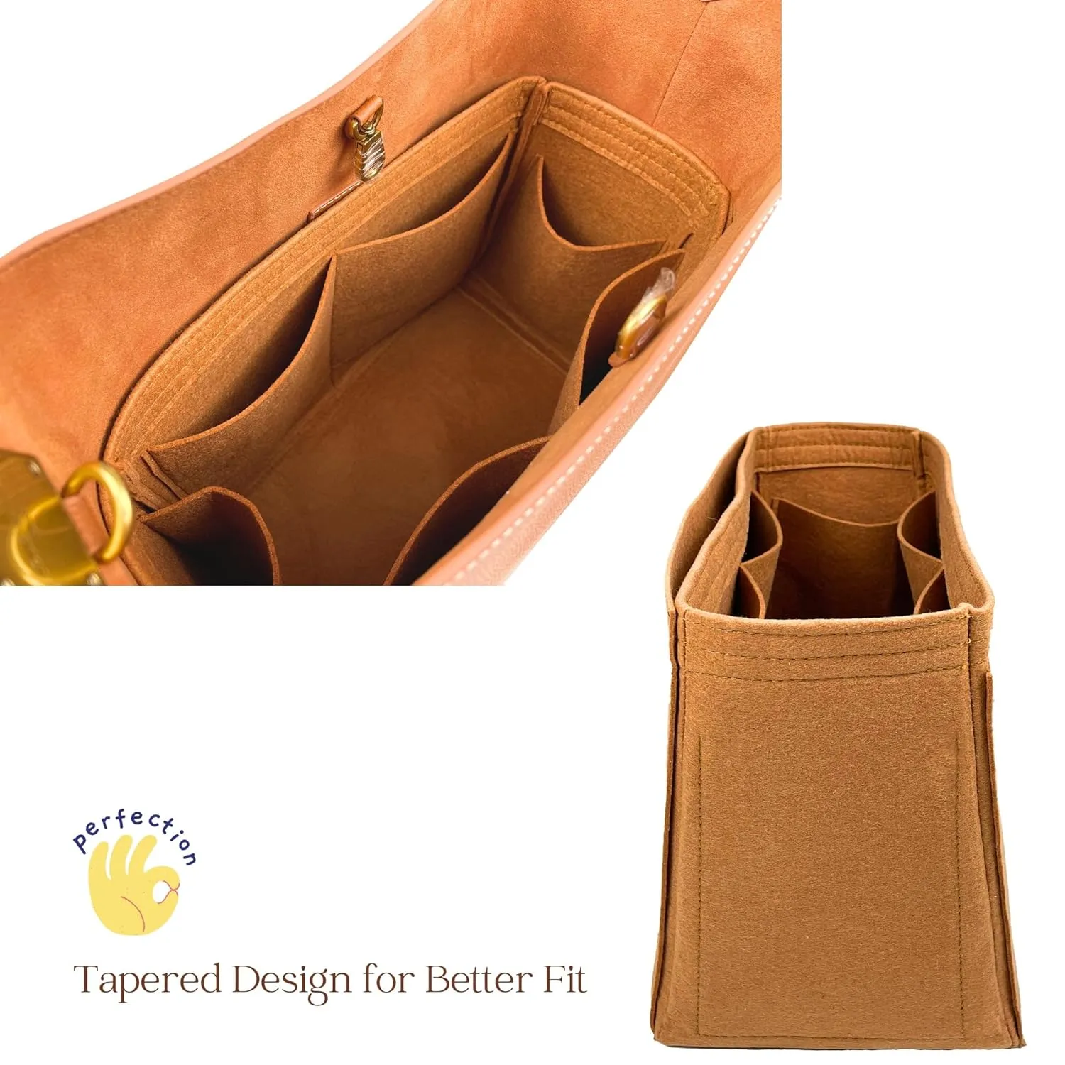 Organizer for Low Key Hobo PM | MM, Felt Insert with Key Chain, Reinforced Base, Trapezoid Shape (MM, GoldBrown)