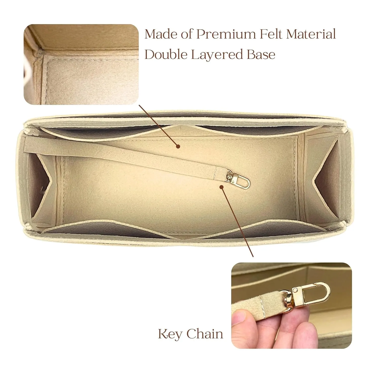 Organizer for Low Key Hobo PM | MM, Felt Insert with Key Chain, Reinforced Base, Trapezoid Shape (MM, GoldBrown)