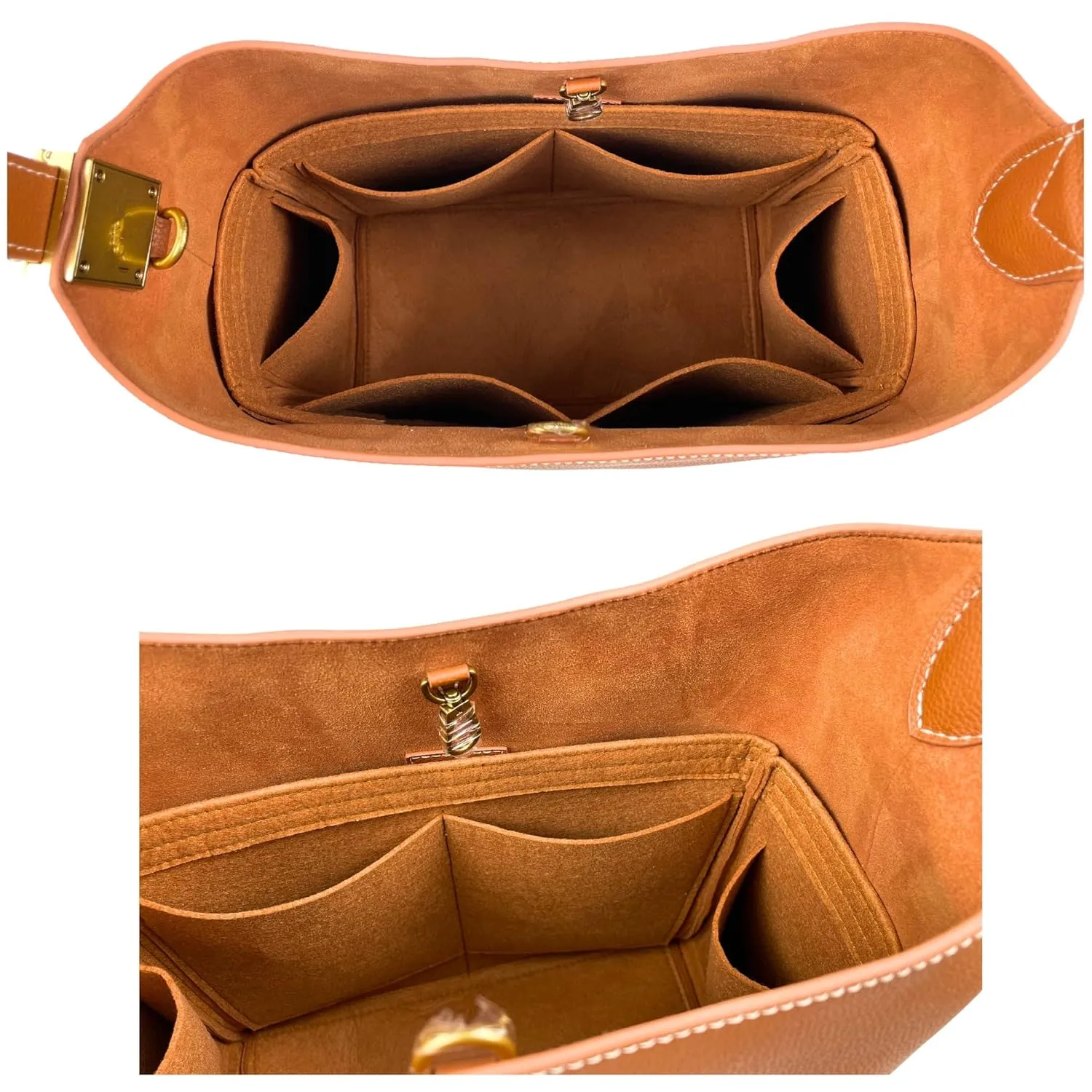 Organizer for Low Key Hobo PM | MM, Felt Insert with Key Chain, Reinforced Base, Trapezoid Shape (MM, GoldBrown)