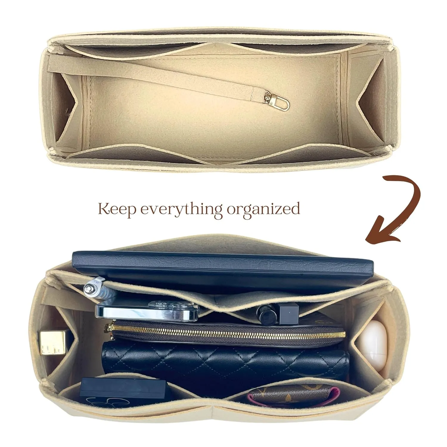 Organizer for Low Key Hobo PM | MM, Felt Insert with Key Chain, Reinforced Base, Trapezoid Shape (MM, GoldBrown)