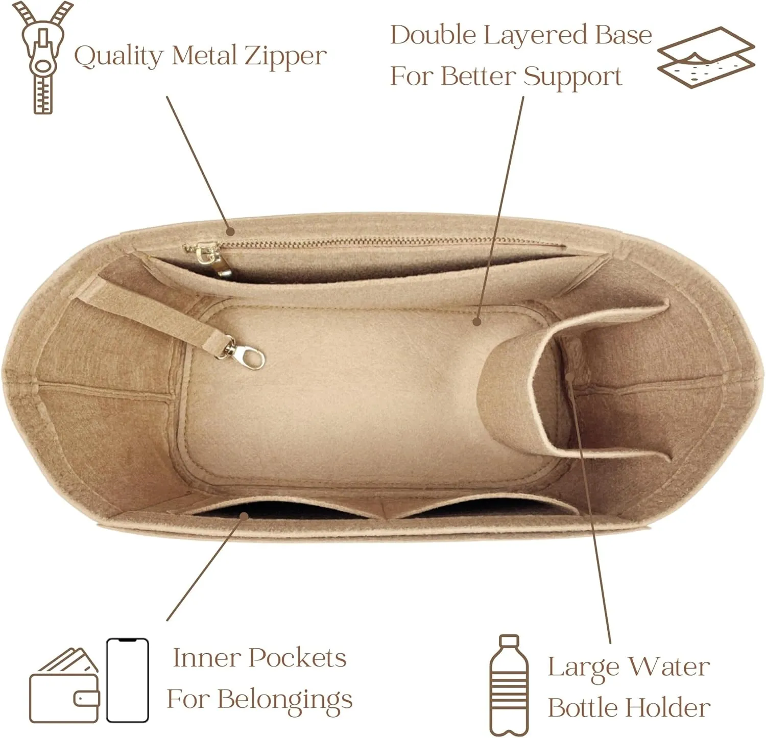 Organizer for Piano, Mezzo Bag, Felt Insert, Oblong Shape (Piano, Latte)