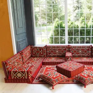 Ottoman Oriental Corner Set (Şark Köşesi Takımı) Red Anatolian Model Sofa Set Sponge Included (13 Pieces)