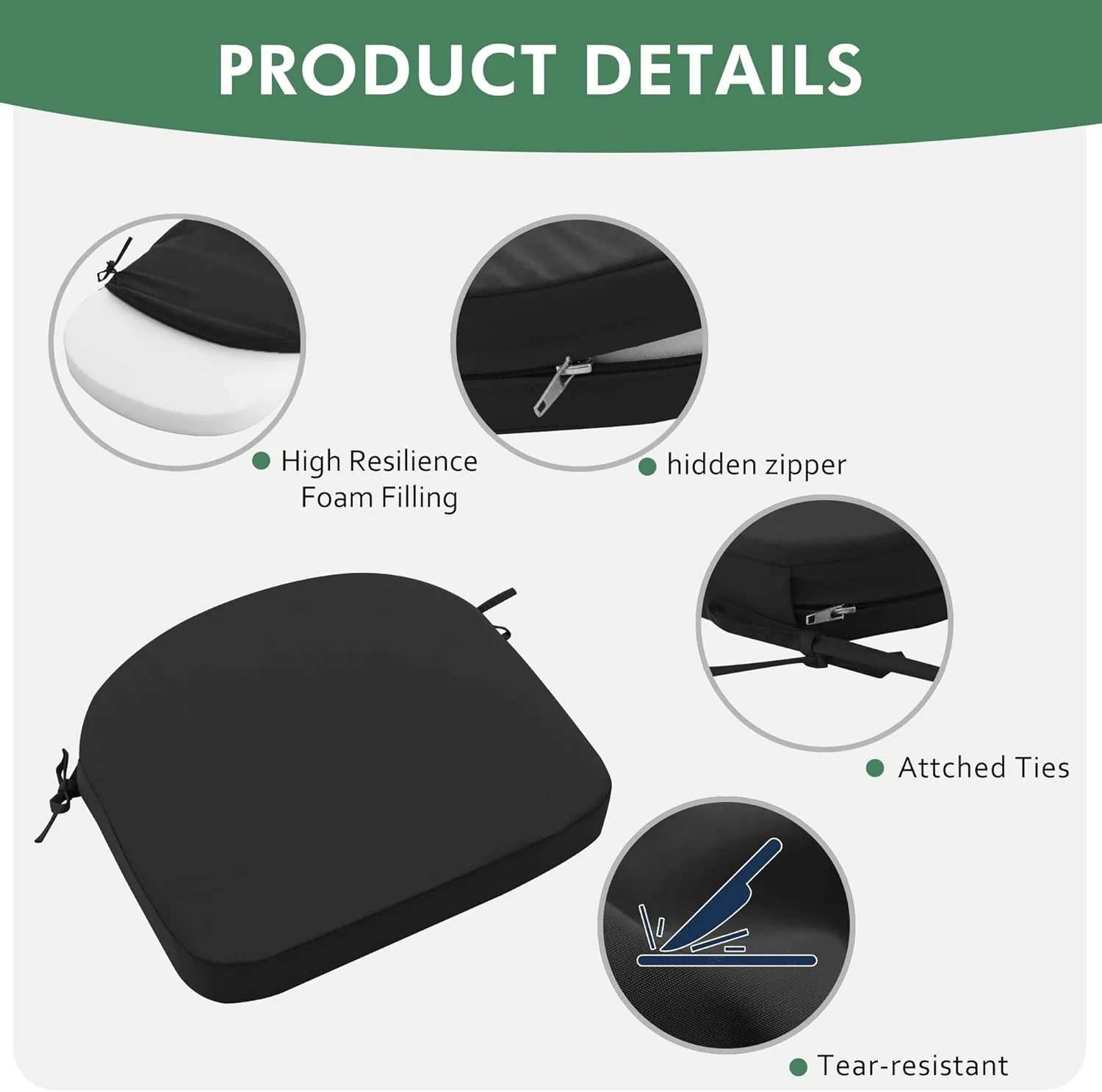 Outdoor Chair Cushions Set of 4: Waterproof & Fade Resistant Patio Furniture Cushions - 17 x 16 x 2 Inch Non Slip Round Corner Seat Cushion Pads with Removable Cover for Garden Yard Lawn, Black