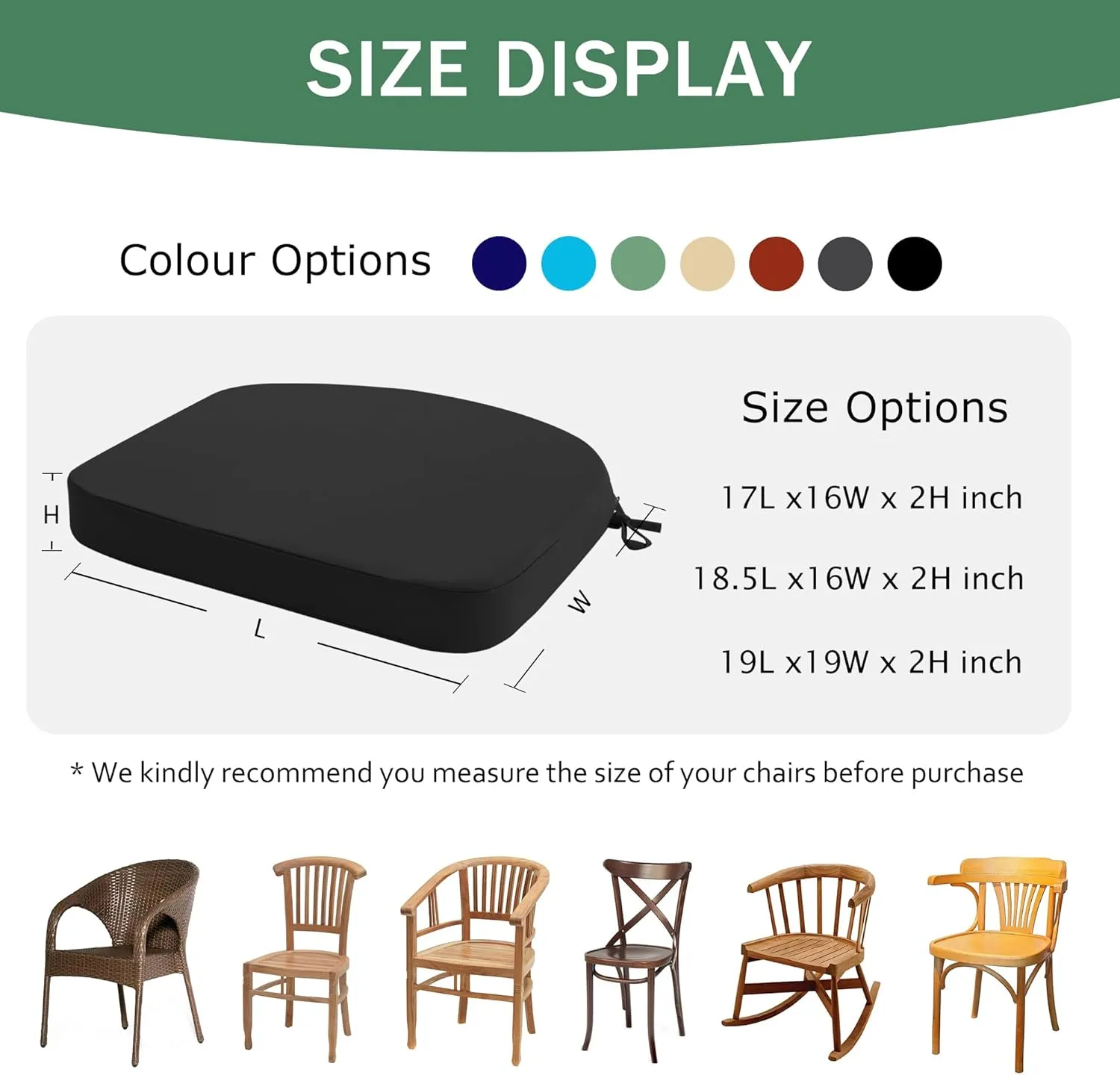 Outdoor Chair Cushions Set of 4: Waterproof & Fade Resistant Patio Furniture Cushions - 17 x 16 x 2 Inch Non Slip Round Corner Seat Cushion Pads with Removable Cover for Garden Yard Lawn, Black