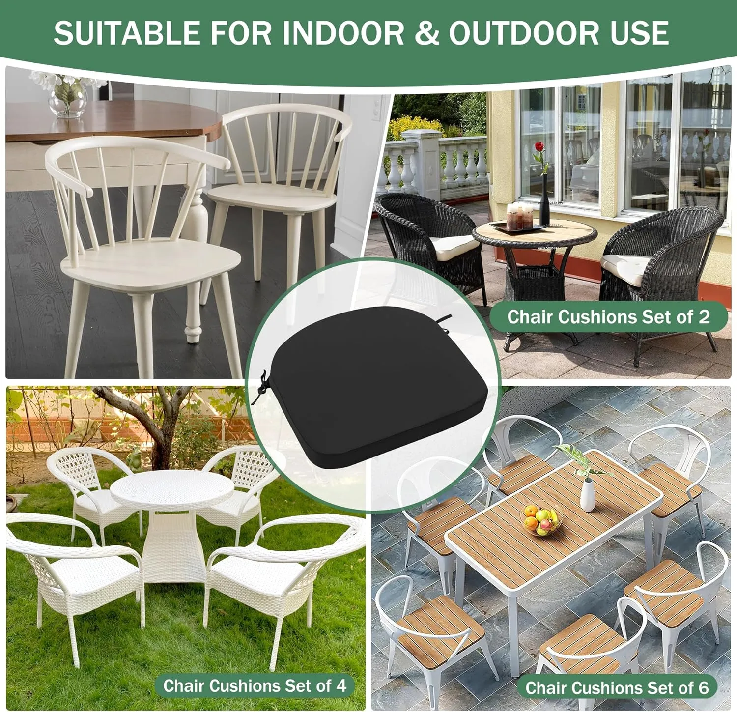 Outdoor Chair Cushions Set of 4: Waterproof & Fade Resistant Patio Furniture Cushions - 17 x 16 x 2 Inch Non Slip Round Corner Seat Cushion Pads with Removable Cover for Garden Yard Lawn, Black