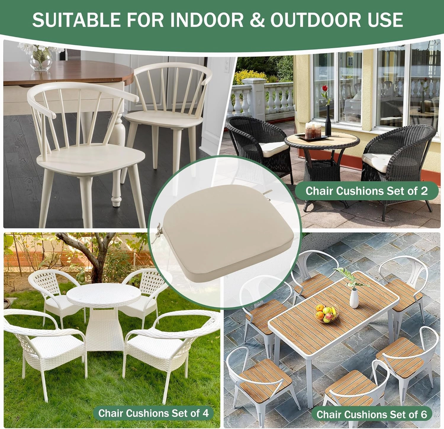 Outdoor Chair Cushions Set of 4: Waterproof & Fade Resistant Patio Furniture Cushions - 17 x 16 x 2 Inch Non Slip Round Corner Seat Cushion Pads with Removable Cover for Garden Yard Lawn, Cream