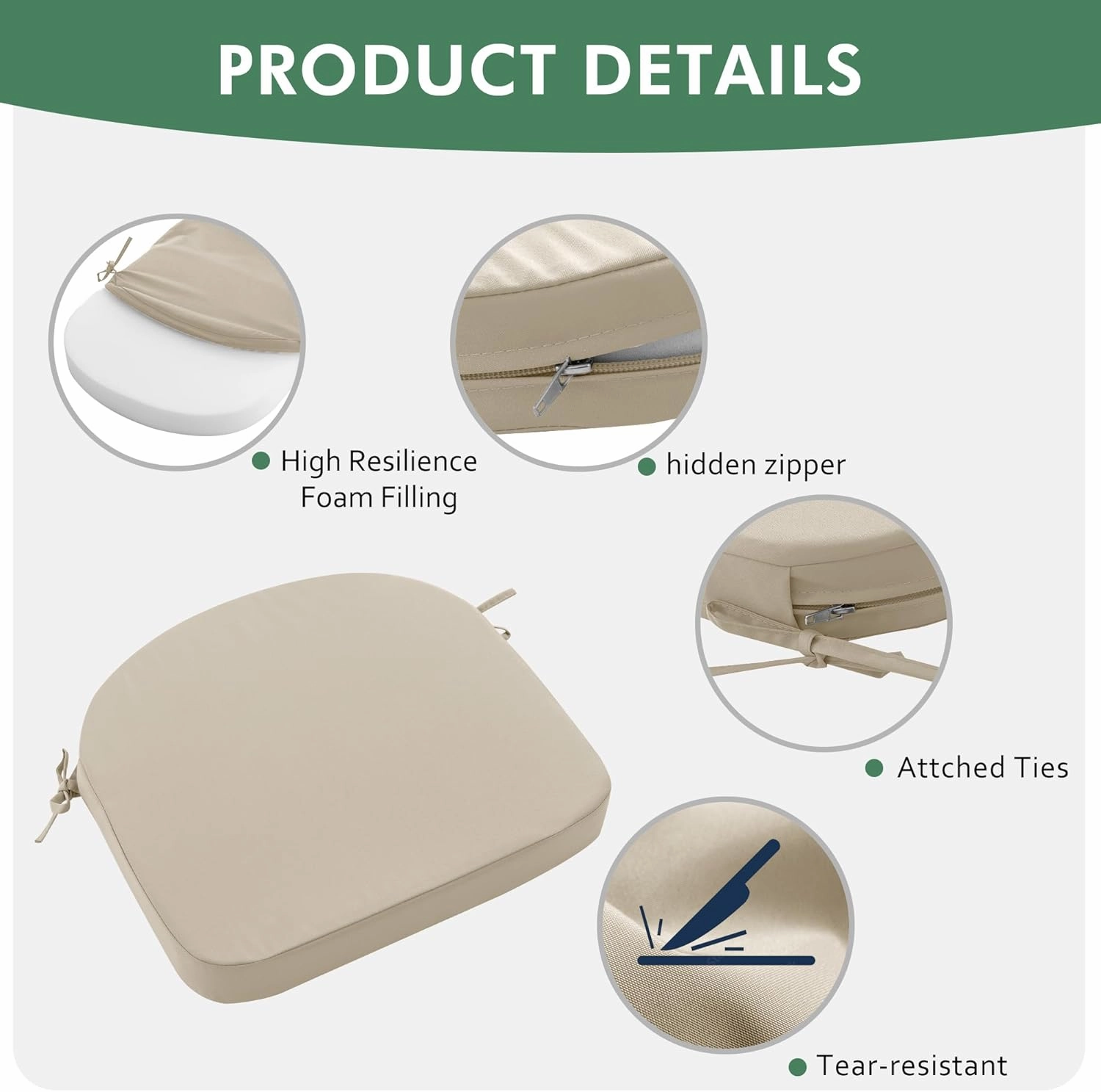 Outdoor Chair Cushions Set of 4: Waterproof & Fade Resistant Patio Furniture Cushions - 17 x 16 x 2 Inch Non Slip Round Corner Seat Cushion Pads with Removable Cover for Garden Yard Lawn, Cream