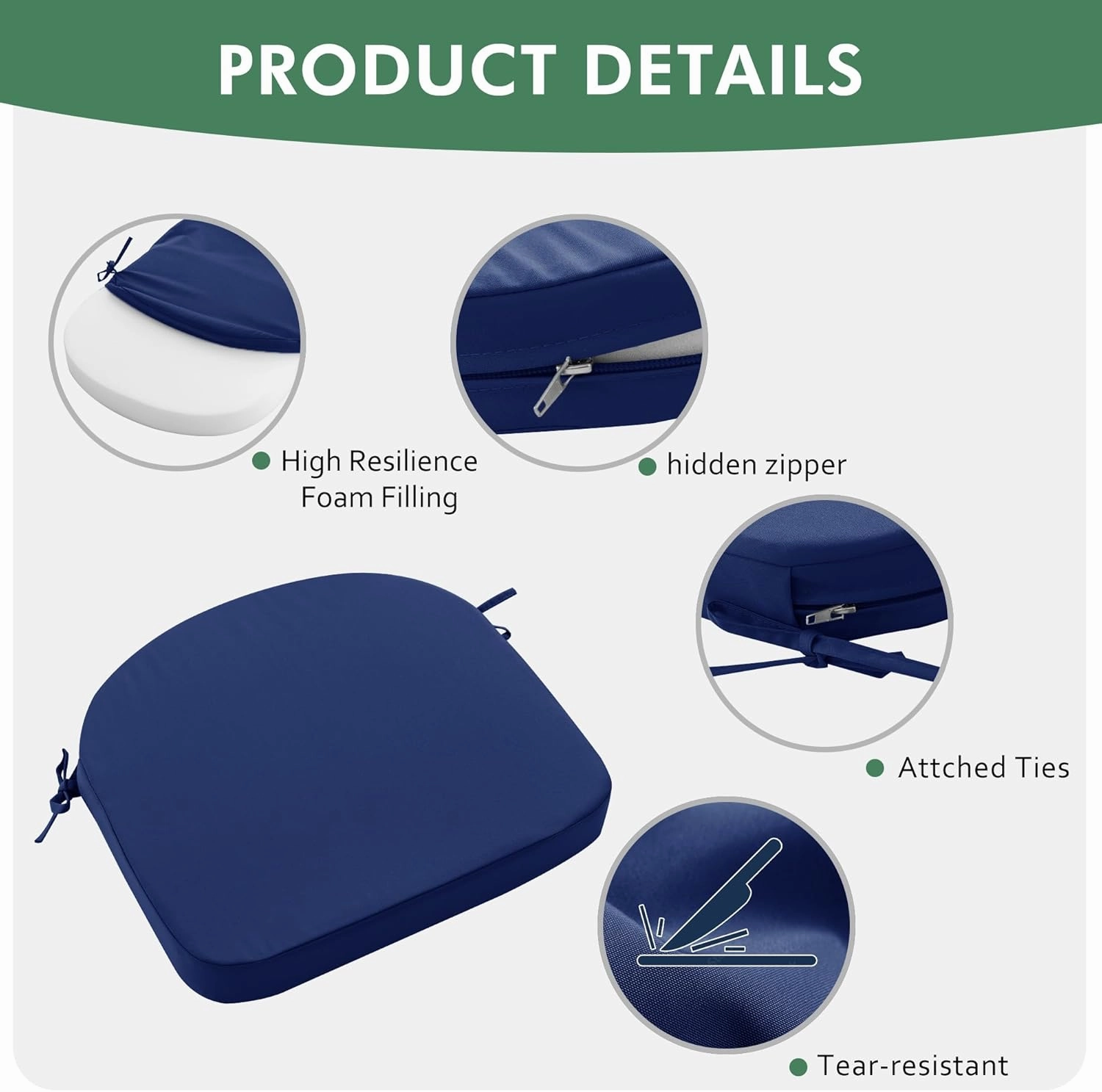 Outdoor Chair Cushions Set of 4: Waterproof & Fade Resistant Patio Furniture Cushions - 17 x 16 x 2 Inch Non Slip Round Corner Seat Cushion Pads with Removable Cover for Garden Yard Lawn, Navy Blue