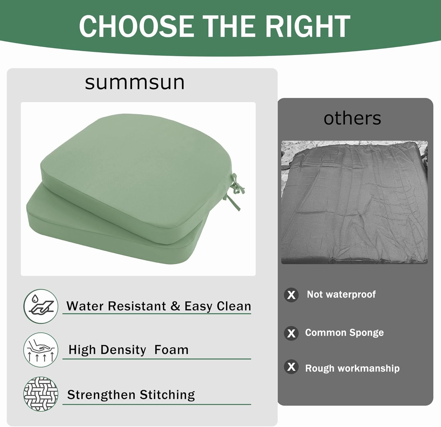 Outdoor Chair Cushions Set of 4: Waterproof & Fade Resistant Patio Furniture Cushions - 17 x 16 x 2 Inch Non Slip Round Corner Seat Cushion Pads with Removable Cover for Garden Yard Lawn, Sage Green