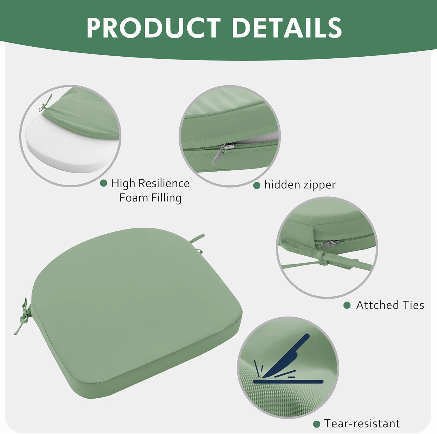 Outdoor Chair Cushions Set of 4: Waterproof & Fade Resistant Patio Furniture Cushions - 17 x 16 x 2 Inch Non Slip Round Corner Seat Cushion Pads with Removable Cover for Garden Yard Lawn, Sage Green