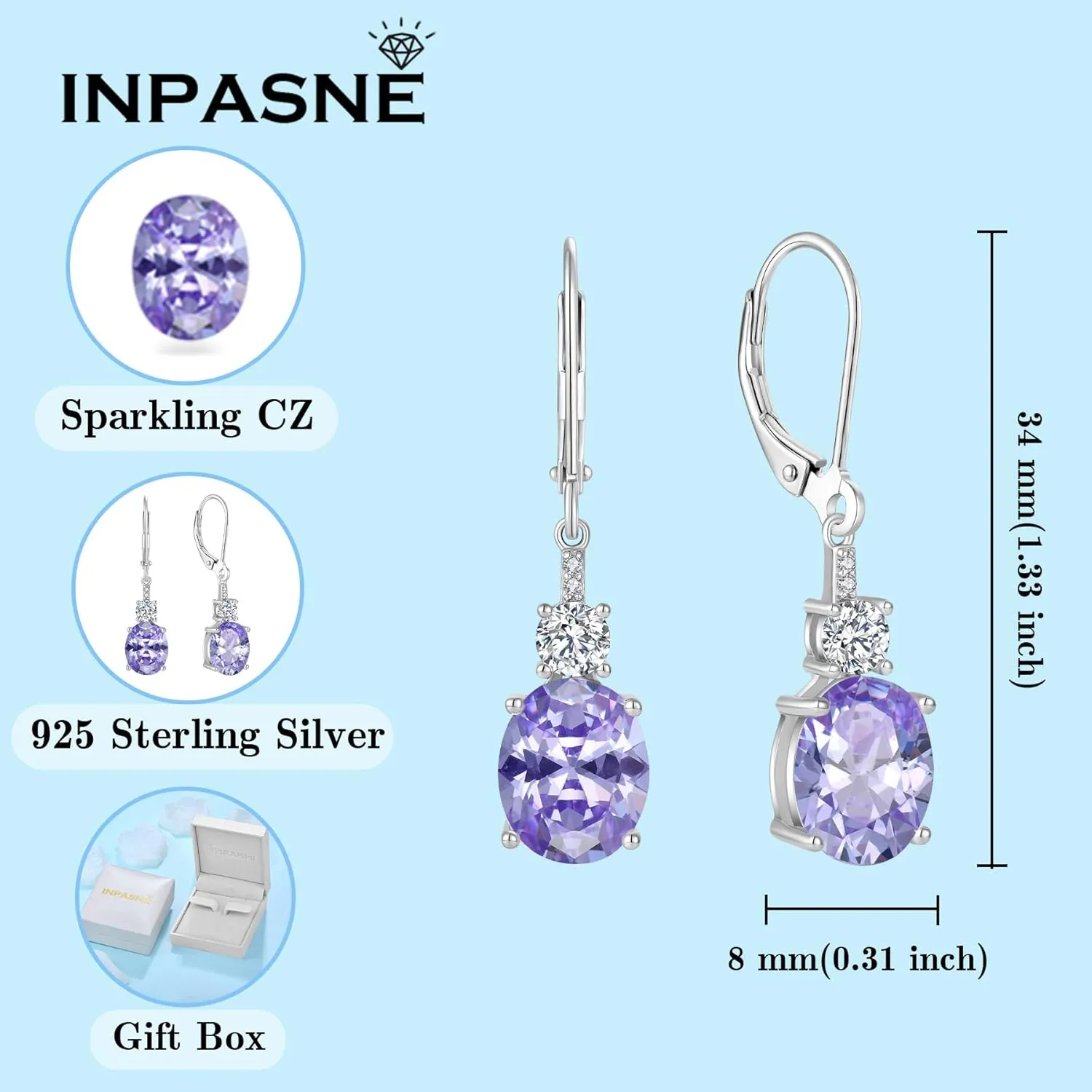 Oval Dangle Drop Earrings for Women 925 Sterling Silver Leverback Earrings Birthstone Jewelry Gifts for Her