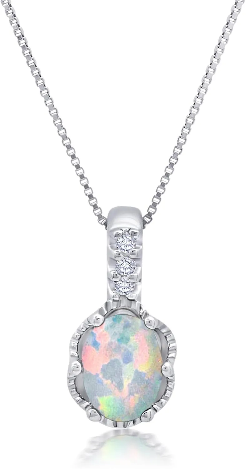 Oval Opal Pendant Necklaces for Women 925 Sterling Silver 18 Inch Chain October Birthstone Pendant with Created White Sapphire Accents Women's Gemstone Necklace by Nicole Miller Fine Jewelry
