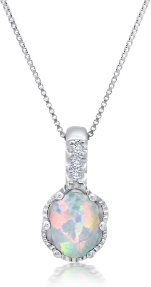 Oval Opal Pendant Necklaces for Women 925 Sterling Silver 18 Inch Chain October Birthstone Pendant with Created White Sapphire Accents Women's Gemstone Necklace by Nicole Miller Fine Jewelry