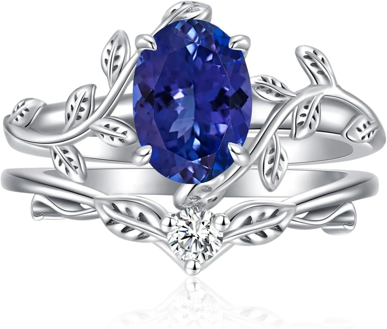 Oval Shaped Gemstone Engagement Rings Set for Women 925 Sterling Silver,8x6 MM Amethyst Leaf Ring Unique Bridal Wedding Rings Size 3-13