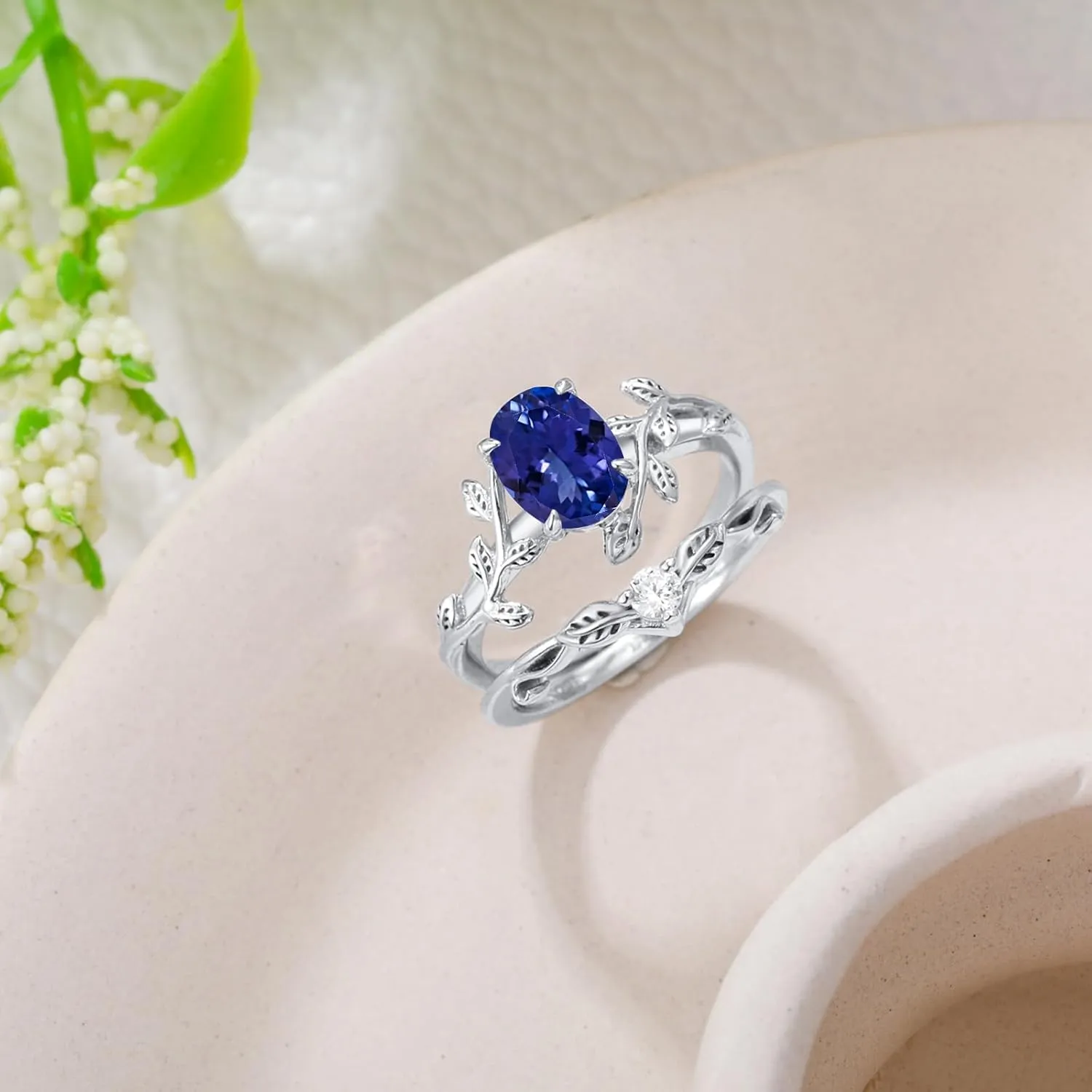 Oval Shaped Gemstone Engagement Rings Set for Women 925 Sterling Silver,8x6 MM Amethyst Leaf Ring Unique Bridal Wedding Rings Size 3-13