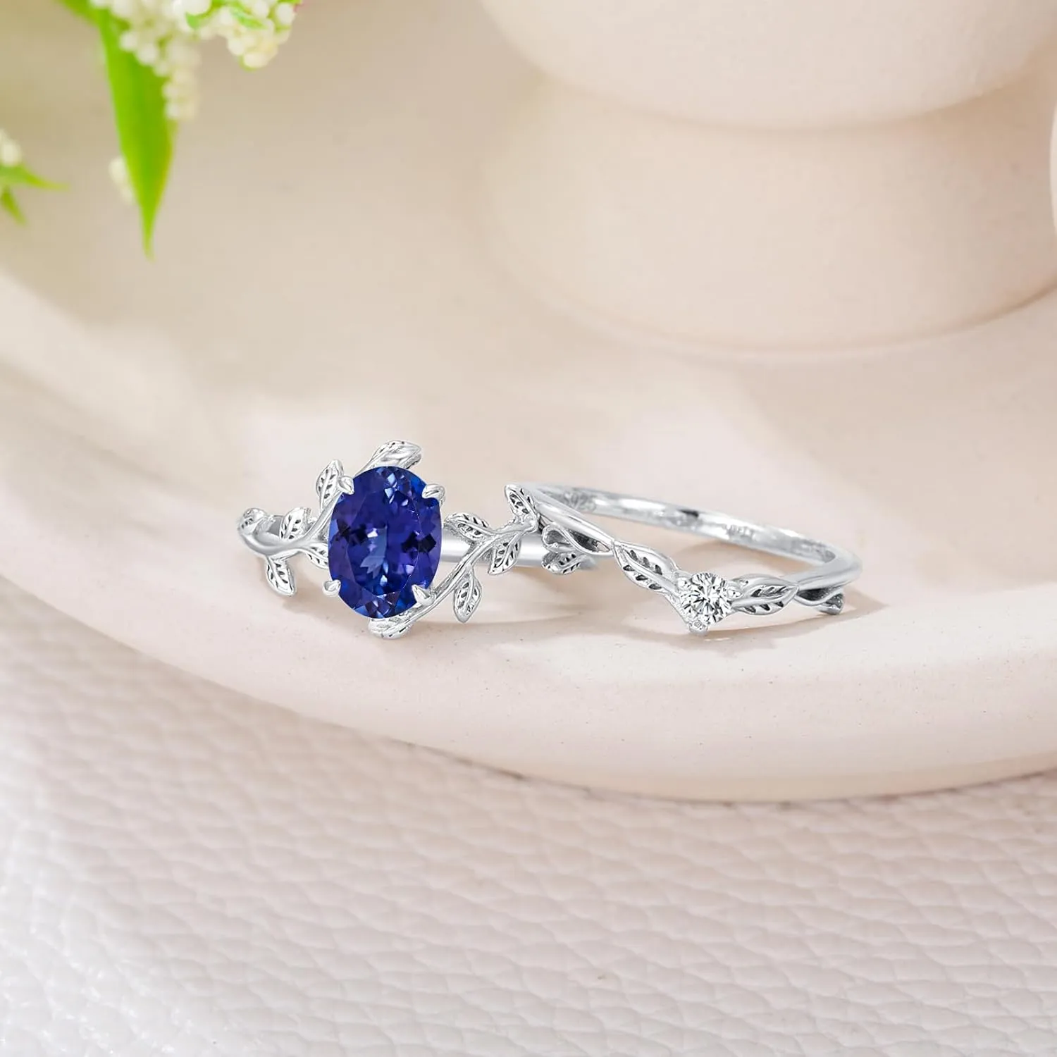 Oval Shaped Gemstone Engagement Rings Set for Women 925 Sterling Silver,8x6 MM Amethyst Leaf Ring Unique Bridal Wedding Rings Size 3-13