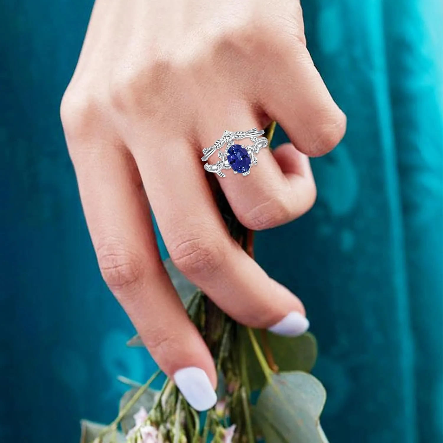 Oval Shaped Gemstone Engagement Rings Set for Women 925 Sterling Silver,8x6 MM Amethyst Leaf Ring Unique Bridal Wedding Rings Size 3-13